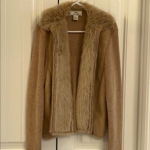 Gorgeous Tan L suede/fur/chenille zip jacket